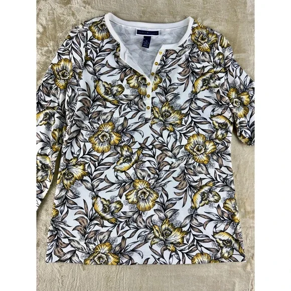 Karen Scott Womens Yellow Floral Henley Long Sleeve Top Size M Gold Buttons NEW - Picture 10 of 12